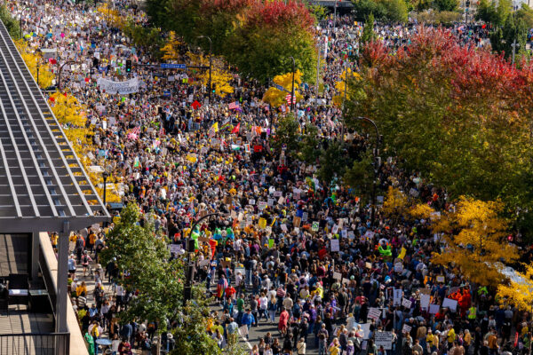 A look down 4th Street at Portland Avenue where protesters have filled the streets.Thousands protest in Downtown Minneapolis on Saturday October 18, 2025 as part of nationwide “No Kings!” protest. A look down 4th Street at Portland Avenue where protesters have filled the streets.Thousands protest in Downtown Minneapolis on Saturday October 18, 2025 as part of nationwide “No Kings!” protest.