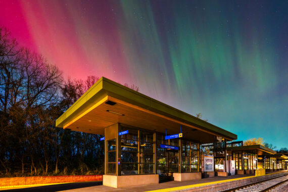 Vivid northern lights over the West 21st Street train station in Minneapolis. Vivid northern lights over the West 21st Street train station in Minneapolis.