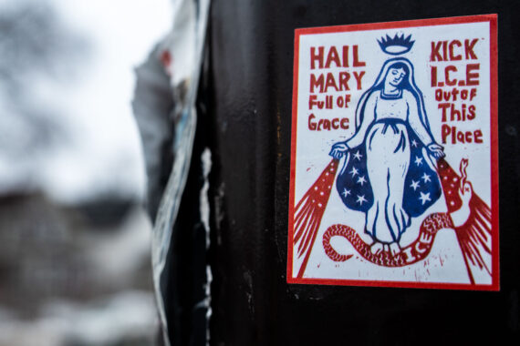 Protest sticker on a street pole in South Minneapolis. It reads "Hail Mary Full of Grace Kick I.C.E. Out Of This Place".
This at a time when Federal agents are in Minneapolis performing what they call immigration arrests. Protest sticker on a street pole in South Minneapolis. It reads "Hail Mary Full of Grace Kick I.C.E. Out Of This Place".
This at a time when Federal agents are in Minneapolis performing what they call immigration arrests.
